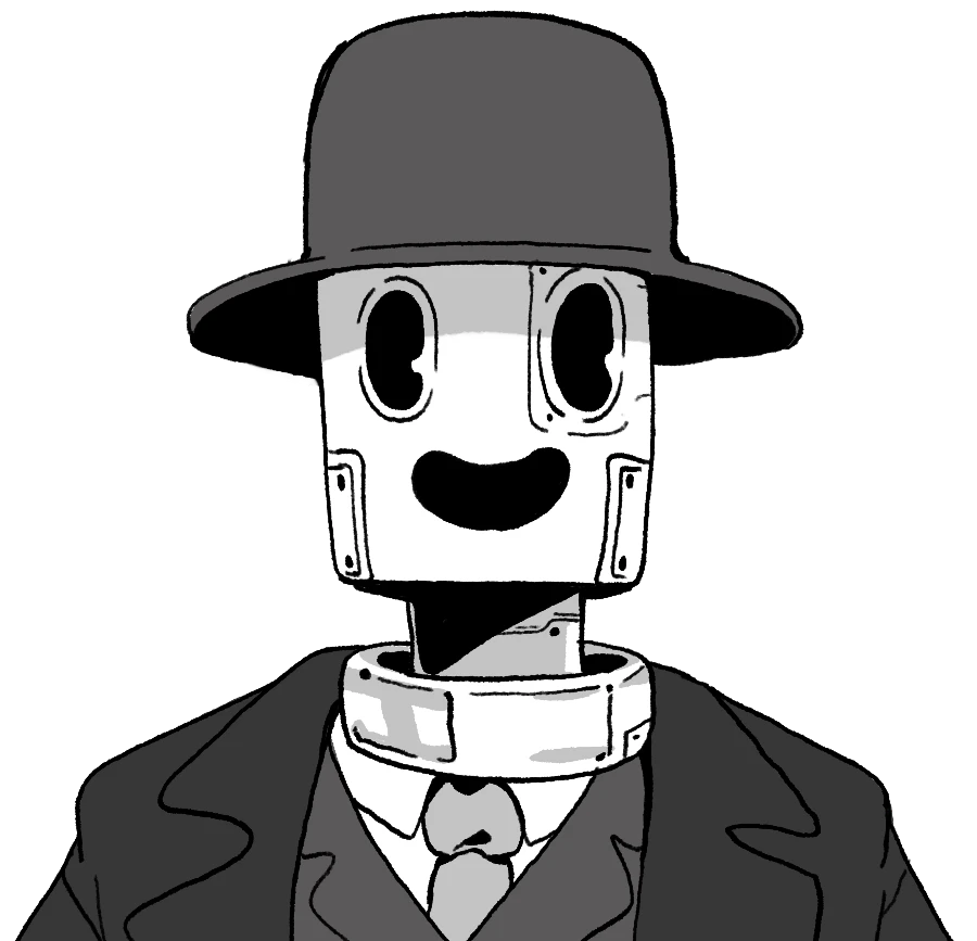 Spark (the robot) wearing a coat and hat